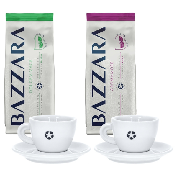 ZESTAW - Kawa ziarnista Bazzara DOLCEVIVACE 1kg + Kawa ziarnista Bazzara AROMAMORE 1kg + 2x Filiżanka do cappuccino z logo Bazzara 160 ml