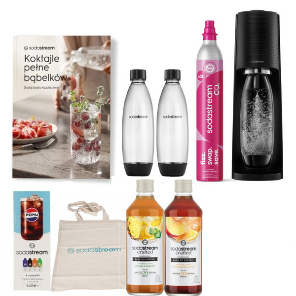 Saturator do wody gazowanej SodaStream Terra Czarny + 2x słomki, książka i próbki syropów