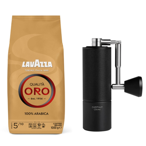 ZESTAW - Kawa ziarnista Lavazza Qualita Oro 1kg + Młynek do kawy Timemore C3S PRO - Czarny