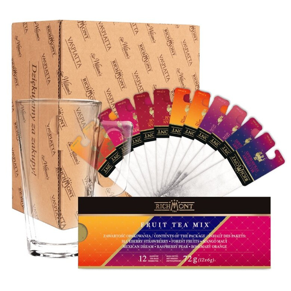 ZESTAW - MIX Owocowych Herbat Richmont Fruit Mix 12 saszetek + Szklanka Richmont Hot 370ml