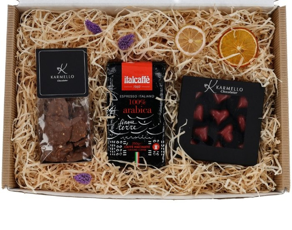 Zestaw prezentowy dla mężczyzny - Kawa, czekoladki i cluster Karmello