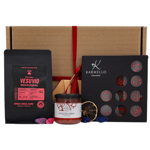 Zestaw prezentowy na walentynki - Czekoladki, kawa i miód wiśniowy