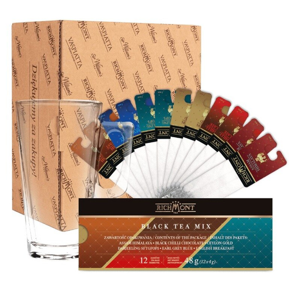ZESTAW - MIX Czarnych Herbat Richmont 12 saszetek+ Szklanka Richmont Hot 370ml