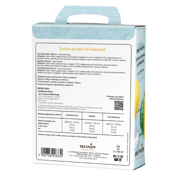 Lemoniadowy zestaw syropów Monin 3x250 ml - mango, arbuz, marakuja