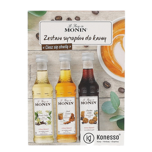Zestaw kawowy KONESSO Monin 3x50ml - francuska wanilia, słony karmel, czekoladowe ciasteczko