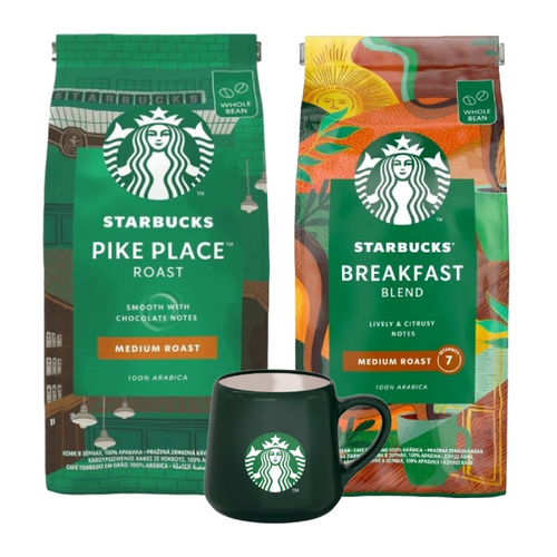 ZESTAW - Kawa ziarnista STARBUCKS® Pike Place Roast 450g + Kawa ziarnista STARBUCKS® Breakfast Blend 450g + Kubek Starbucks 80 ml