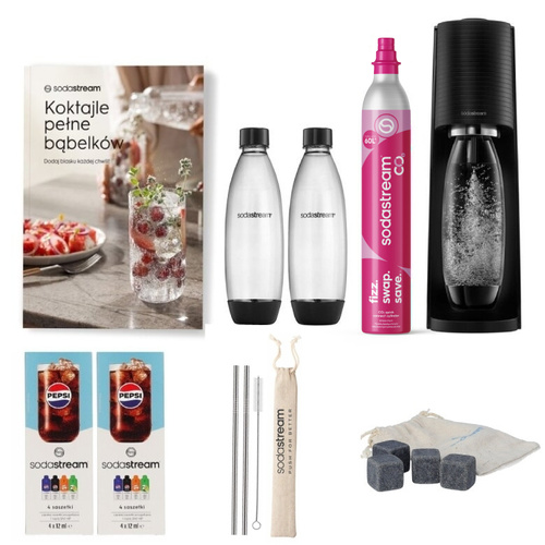 Saturator do wody gazowanej SodaStream Terra Czarny + słomki, książka, kostki do lodu i próbki syropów