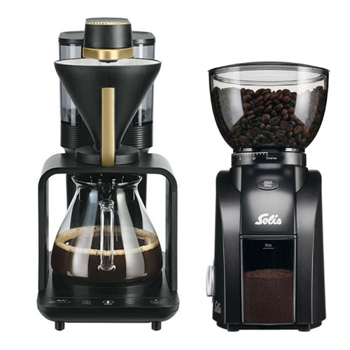 ZESTAW - Ekspres przelewowy Melitta® EPOUR® - Czarno -złoty + Młynek do kawy Solis Scala Zero Static