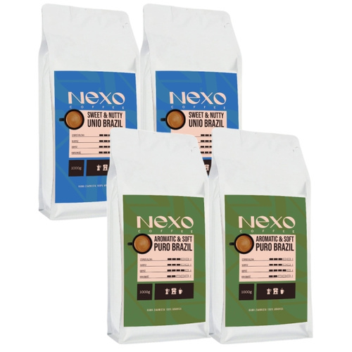 ZESTAW - Kawa ziarnista NEXO Coffee Puro Brazil 2x1kg + Kawa ziarnista NEXO Coffee Unio Brazil 2x1kg