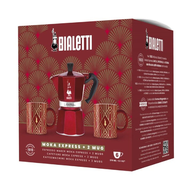 Zestaw Bialetti Deco Glamour - Moka Express 6tz Czerwona + 2 Kubki - NIEDOSTĘPNY
