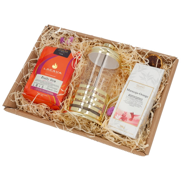 Zestaw prezentowy z zaparzaczem, kawą ziarnistą i herbatą