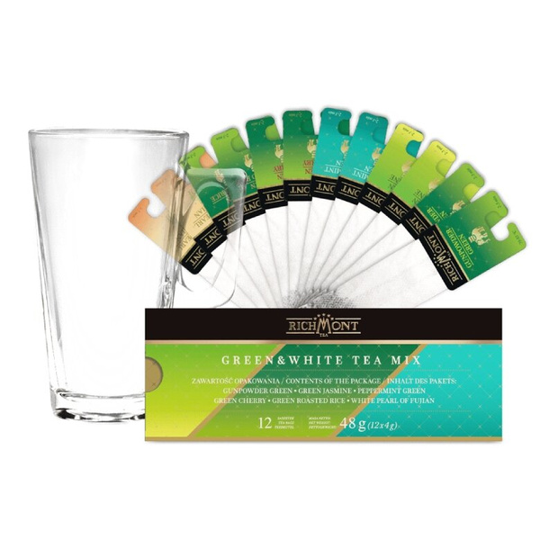ZESTAW - MIX Zielonych i Białych Herbat Richmont 12 saszetek + Szklanka Richmont Hot 370ml