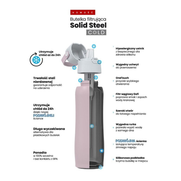 Termiczna butelka filtrująca Dafi Solid Steel Cold 500 ml - Różana