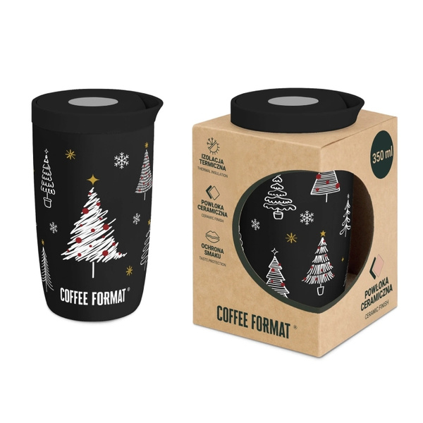 Kubek termiczny Coffee Format 350 ml - Czarny z motywem świątecznym