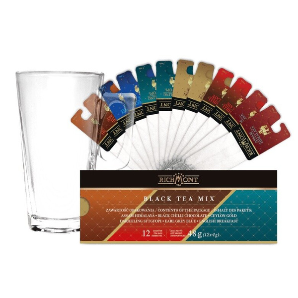 ZESTAW - MIX Czarnych Herbat Richmont 12 saszetek+ Szklanka Richmont Hot 370ml