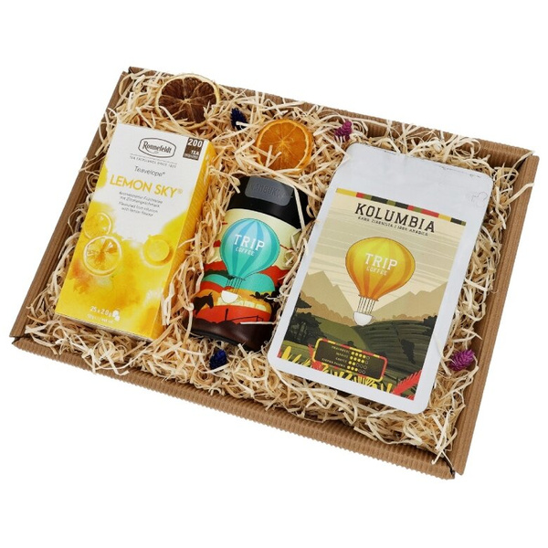 Zestaw prezentowy dla chłopaka z kubkiem termicznym, kawą i herbatą