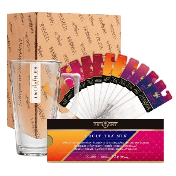 ZESTAW - MIX Owocowych Herbat Richmont Fruit Mix 12 saszetek + Szklanka Richmont Hot 370ml
