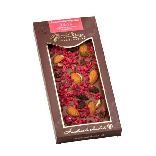 Mleczna czekolada M.Pelczar Chocolatier z malinami, rodzynkami i migdałami 85g
