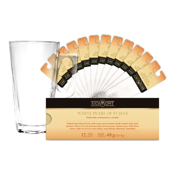 ZESTAW Herbata Richmont White Pearl of Fujian 12 saszetek + szklanka Richmont Hot 370ml