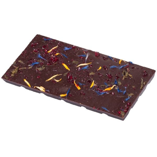 Gorzka czekolada M.Pelczar Chocolatier z karmelizowaną kwiatową herbatą i nagietkiem i chabrem 85g