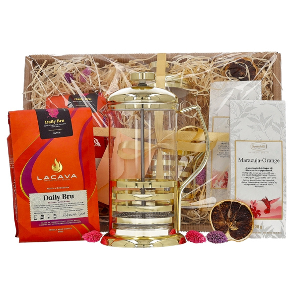 Zestaw prezentowy z zaparzaczem, kawą ziarnistą i herbatą