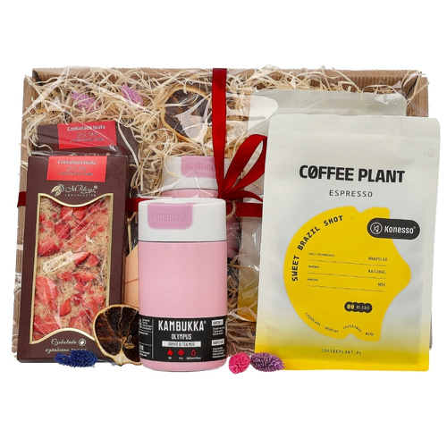 Zestaw prezentowy dla dziewczyny - Kubek termiczny, kawa i czekolada