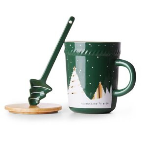 Kubek Świąteczny Homla TREE TIME z przykrywką i łyżeczką 280ml - Zielony - NIEDOSTĘPNY