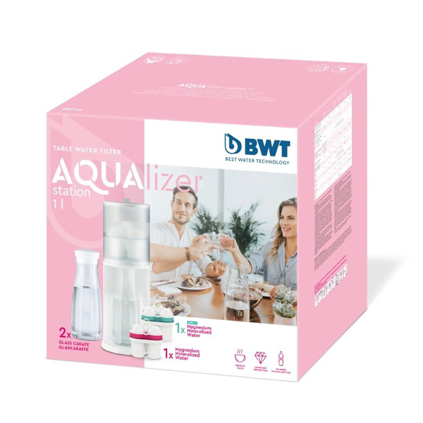 Dzbanek filtrujący wodę BWT AQUAlizer Station + 2 wkłady (Zn+Mg i Mg) + 2 szklane karafki
