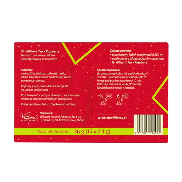 ZESTAW Herbata owocowa Sir Williams Raspberry z kubkiem 250 ml