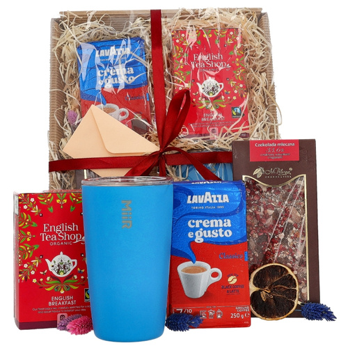 Zestaw prezentowy dla nauczyciela - Niebieski kubek, kawa, herbata i czekolada