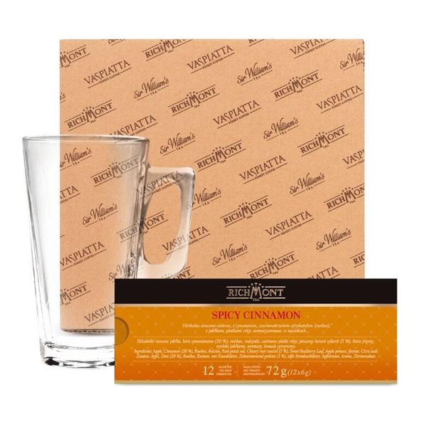 ZESTAW Herbata Richmont Spicy Cinnamon 12 saszetek + Szklanka Richmont Hot 370ml
