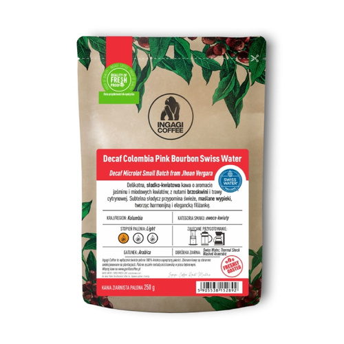 Kawa ziarnista Ingagi Coffee Decaf Colombia Pink Bourbon Swiss Water 250g - KAWA BEZKOFEINOWA