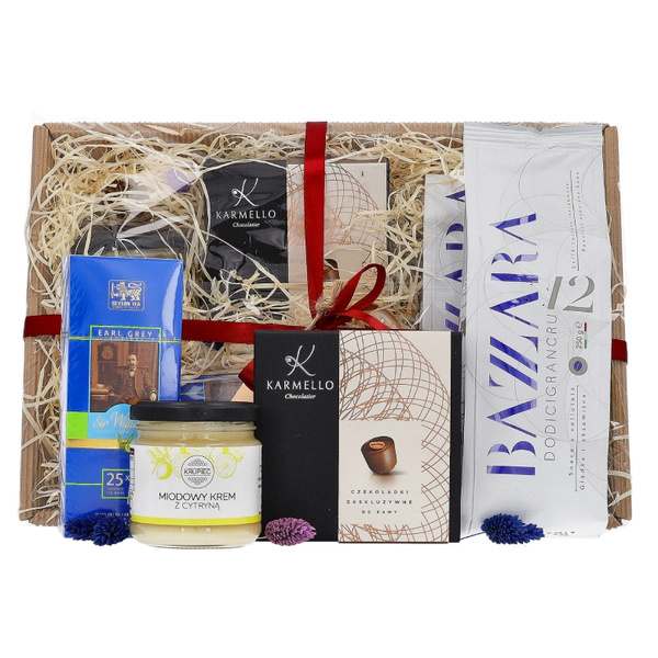 Gratulacyjny zestaw prezentowy - Kawa, herbata, miód i czekoladki
