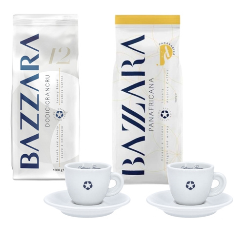 ZESTAW - Kawa ziarnista Bazzara DODICIGRANCRU 1kg + Kawa ziarnista Bazzara Luxury Blend Panafricana 1kg + 2x filiżanka ze spodkiem do kawy Espresso 70ml