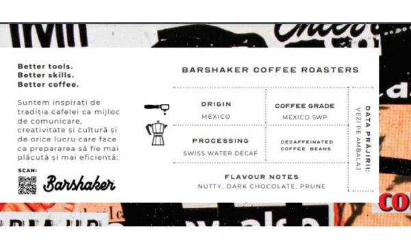 Kawa ziarnista Barshaker Mexico Swiss Water Decaf ESPRESSO 250g - bezkofeinowa - NIEDOSTĘPNY