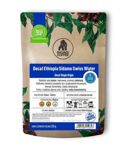 Kawa ziarnista Ingagi Coffee Decaf Ethiopia Sidamo Swiss Water 250g- KAWA BEZKOFEINOWA
