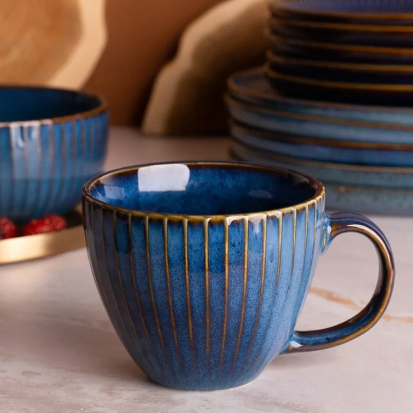 ZESTAW - Filiżanki Atom Design Reactive Stripes Jumbo 450ml Granatowe - 6 sztuk