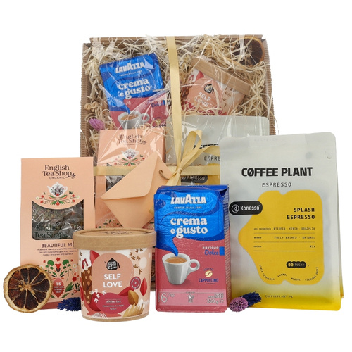 Zestaw prezentowy dla kobiety - Kawa ziarnista, kawa mielona, herbata i miód