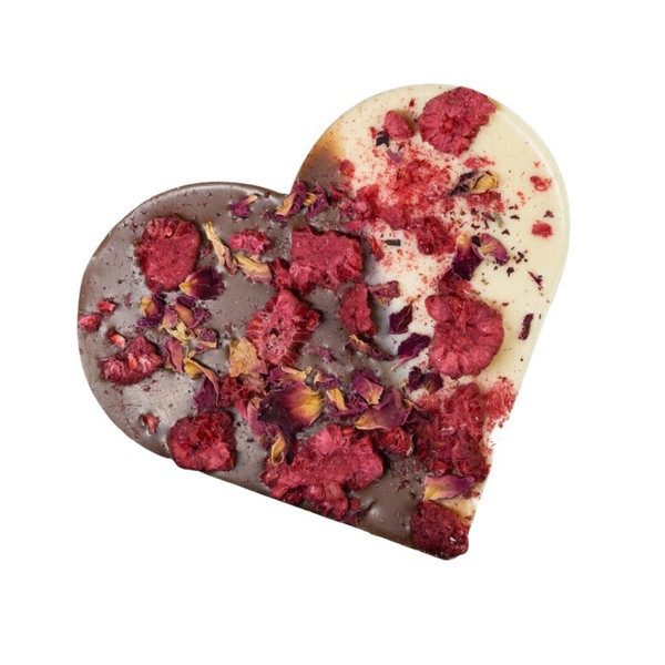 Serce z mlecznej i białej czekolady z płatkami róży i maliną M.Pelczar Chocolatier 90g
