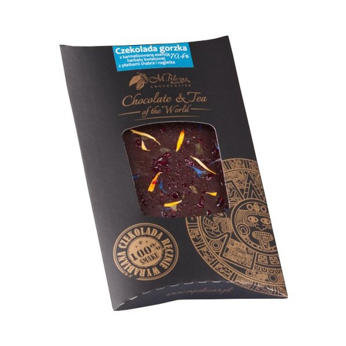 Gorzka czekolada M.Pelczar Chocolatier z karmelizowaną kwiatową herbatą i nagietkiem i chabrem 85g