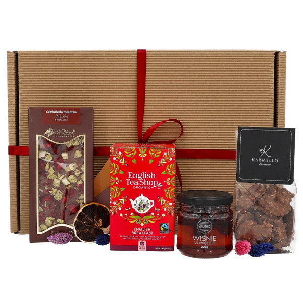Gratulacyjny zestaw prezentowy - Herbata, wiśnie w miodzie, czekolada i cluster mleczny