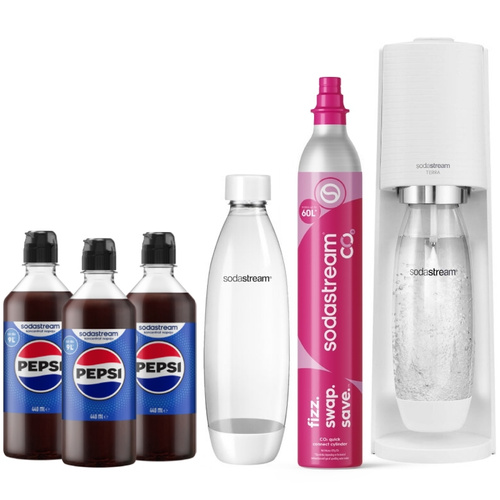 ZESTAW Saturator do wody gazowanej SodaStream Terra Biały + syropy Pepsi 3x440 ml