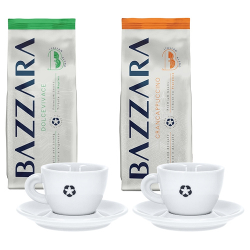 ZESTAW - Kawa ziarnista Bazzara DOLCEVIVACE 1kg + Kawa ziarnista Bazzara GRANCAPPUCCINO 1kg + 2x Filiżanka do cappuccino z logo Bazzara 160 ml