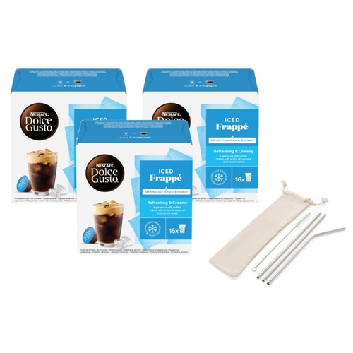 ZESTAW - Kapsułki Nescafé Dolce Gusto Iced Frappe 3x16 sztuk + metalowe słomki GRATIS