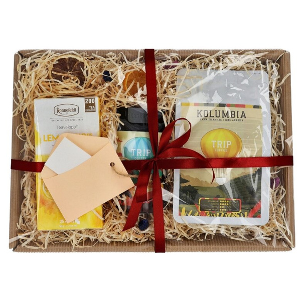 Zestaw prezentowy dla chłopaka z kubkiem termicznym, kawą i herbatą