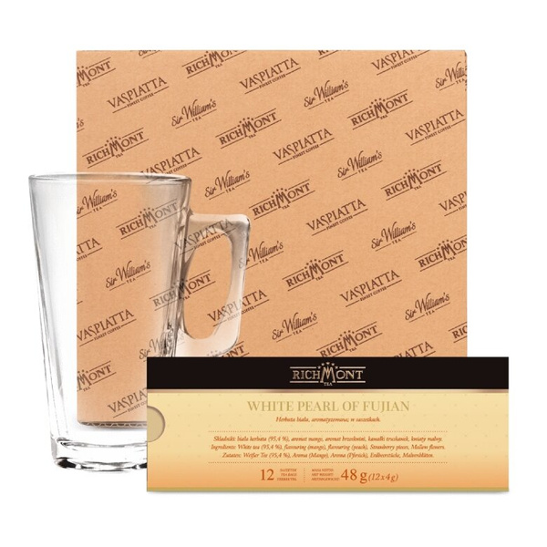 ZESTAW Herbata Richmont White Pearl of Fujian 12 saszetek + szklanka Richmont Hot 370ml