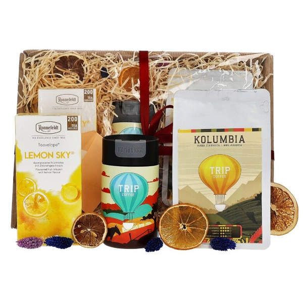 Zestaw prezentowy dla chłopaka z kubkiem termicznym, kawą i herbatą