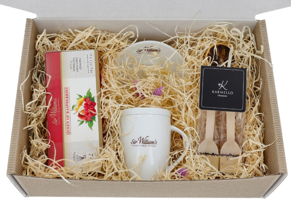 Zestaw prezentowy dla kobiety - Kubek, herbata i czekolada na gorąco