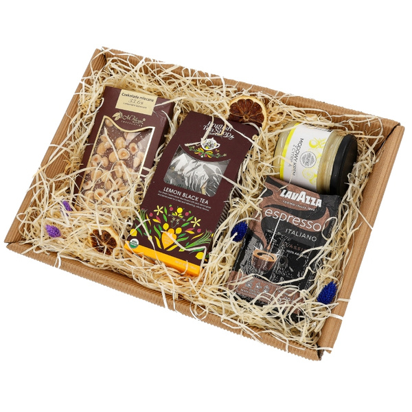 Zestaw prezentowy na imieniny - Kawa, herbata, miód i czekolada