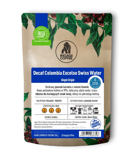 Kawa ziarnista Ingagi Coffee Decaf Colombia Excelso Swiss Water 250g - KAWA BEZKOFEINOWA